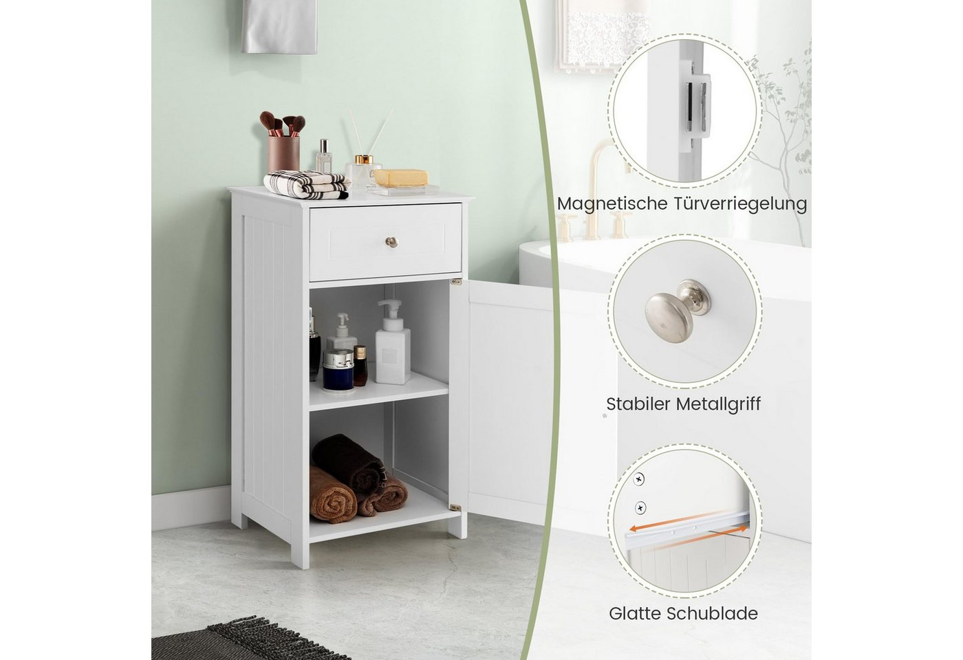 COSTWAY Badkommode mit Schublade & Tür, Badezimmerschrank verstellbare Ablage – Bild 4 von 5
