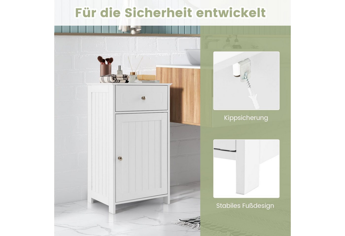 COSTWAY Badkommode mit Schublade & Tür, Badezimmerschrank verstellbare Ablage – Bild 5 von 5