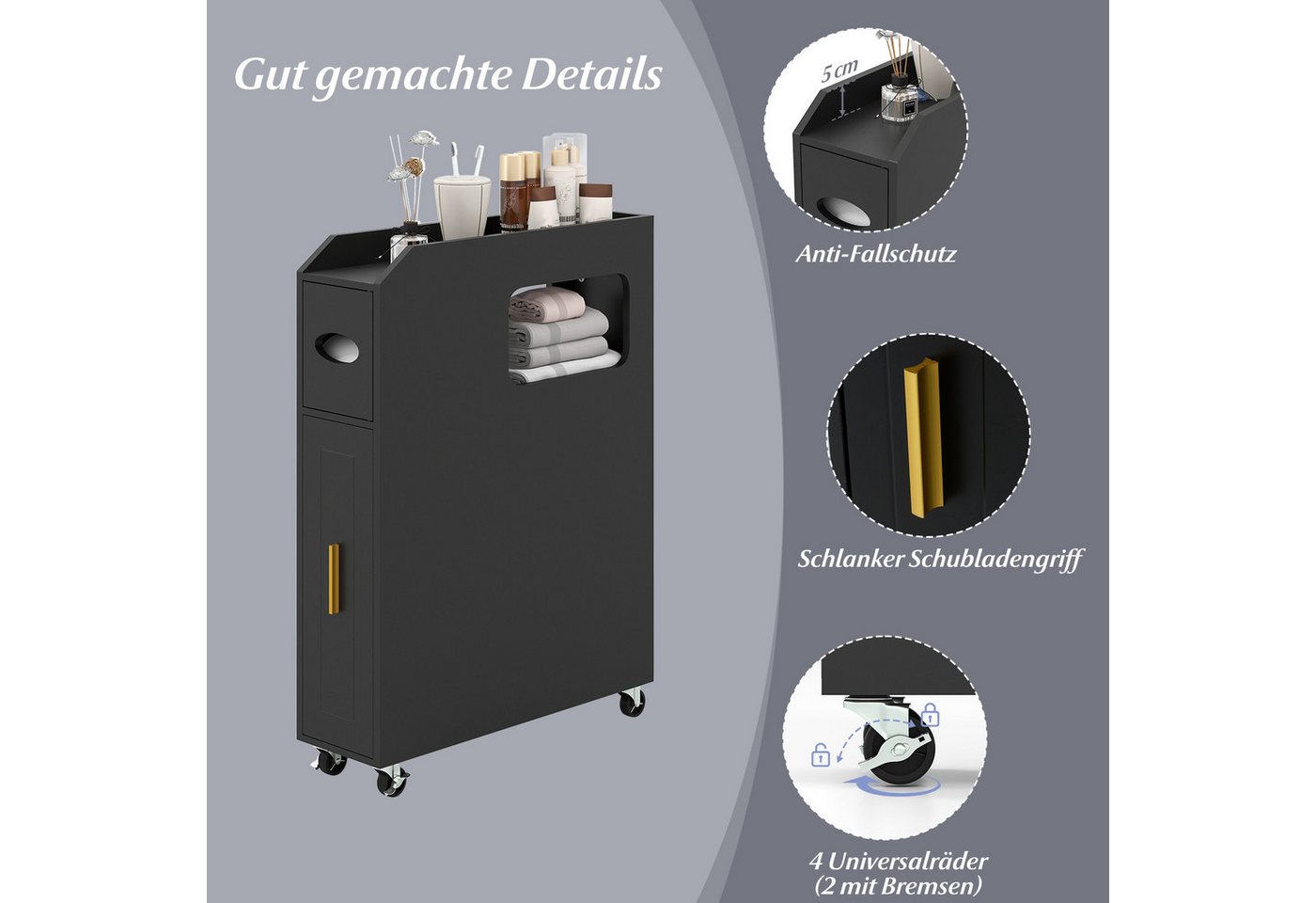 COSTWAY Badkommode Nischenschrank schmal auf Rollen, mit Schublade – Bild 5 von 5