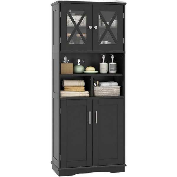 COSTWAY Badkommode schmal, Badschrank mit 4 Türen & 3 verstellbare Ablage