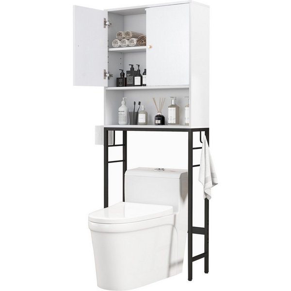 COSTWAY Badregal, 3 Ebenen, mit 2 Türen & 2 Haken, stehend, 63x23x165,5 cm