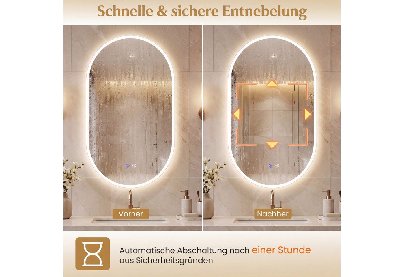 COSTWAY Badspiegel, ovaler Wandspiegel mit Rücklicht, Anti-Beschlag – Bild 3 von 5