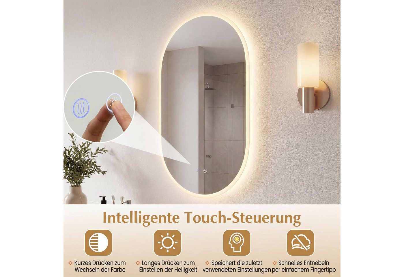 COSTWAY Badspiegel, ovaler Wandspiegel mit Rücklicht, Anti-Beschlag – Bild 4 von 5