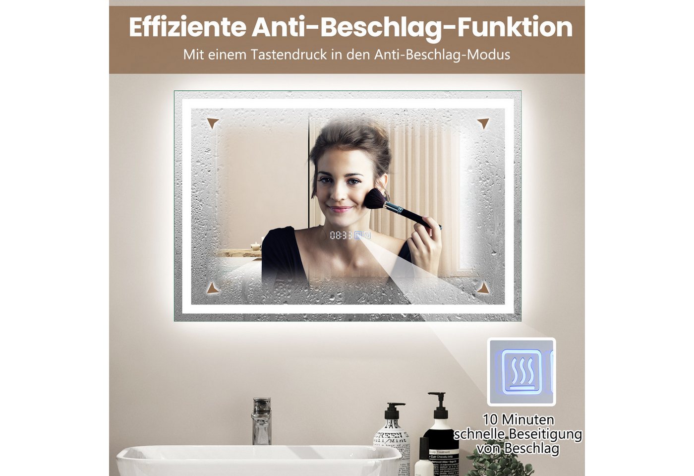 COSTWAY Badspiegel mit LED dimmbar, Touch & Anti-Beschlag & Memory-Funktion – Bild 2 von 5