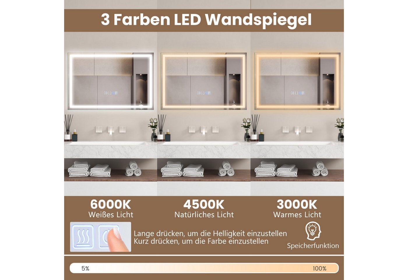 COSTWAY Badspiegel mit LED dimmbar, Touch & Anti-Beschlag & Memory-Funktion – Bild 4 von 5