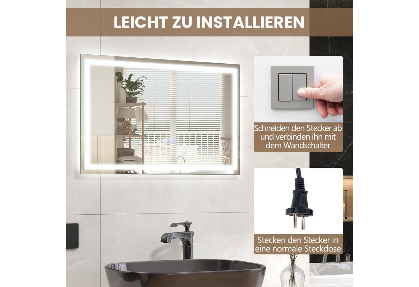 COSTWAY Badspiegel mit LED dimmbar, Touch & Anti-Beschlag & Memory-Funktion – Bild 5 von 5