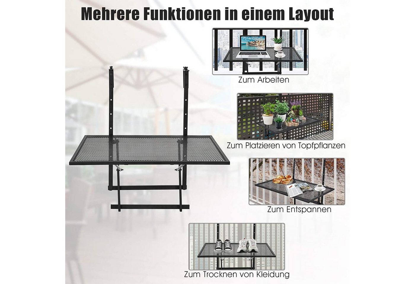 COSTWAY Balkonhängetisch klappbar, Klappbar Metall, 5-stufig höhenverstellbar – Bild 5 von 5