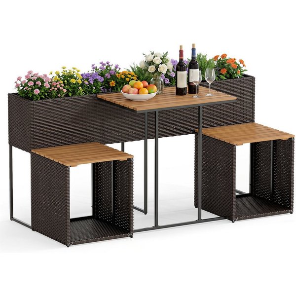 COSTWAY Balkonset, mit Hochbeet, integrierten Stühlen & Stauraum Rattan