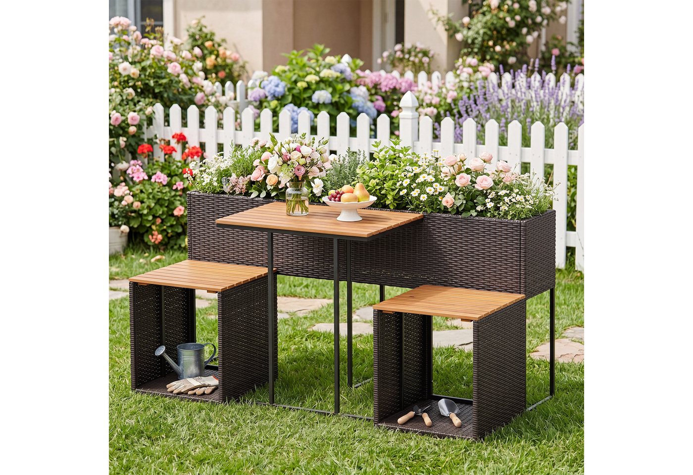 COSTWAY Balkonset, mit Hochbeet, integrierten Stühlen & Stauraum Rattan – Bild 2 von 5