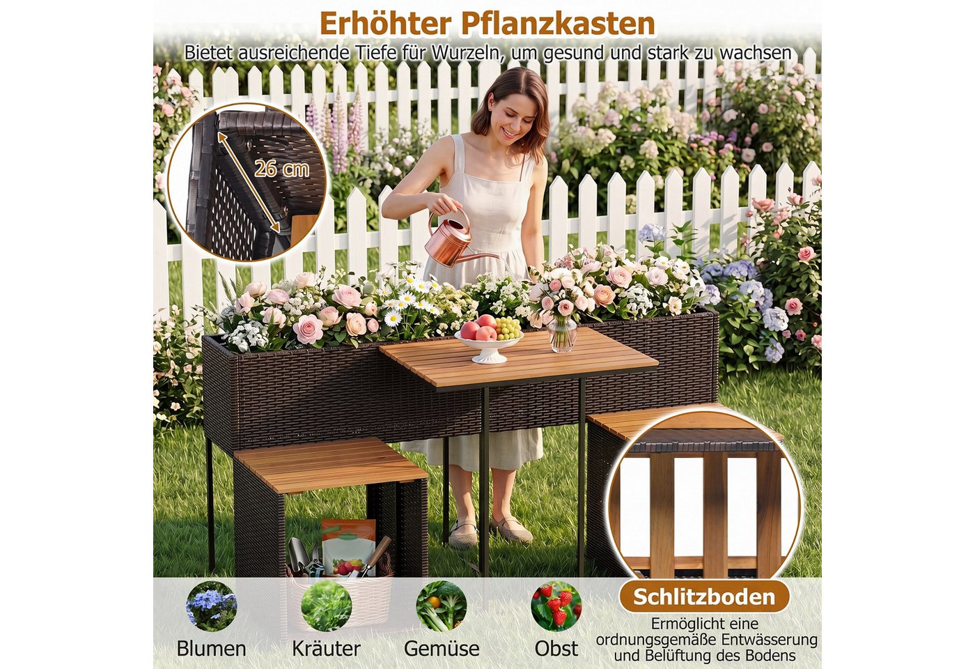 COSTWAY Balkonset, mit Hochbeet, integrierten Stühlen & Stauraum Rattan – Bild 3 von 5