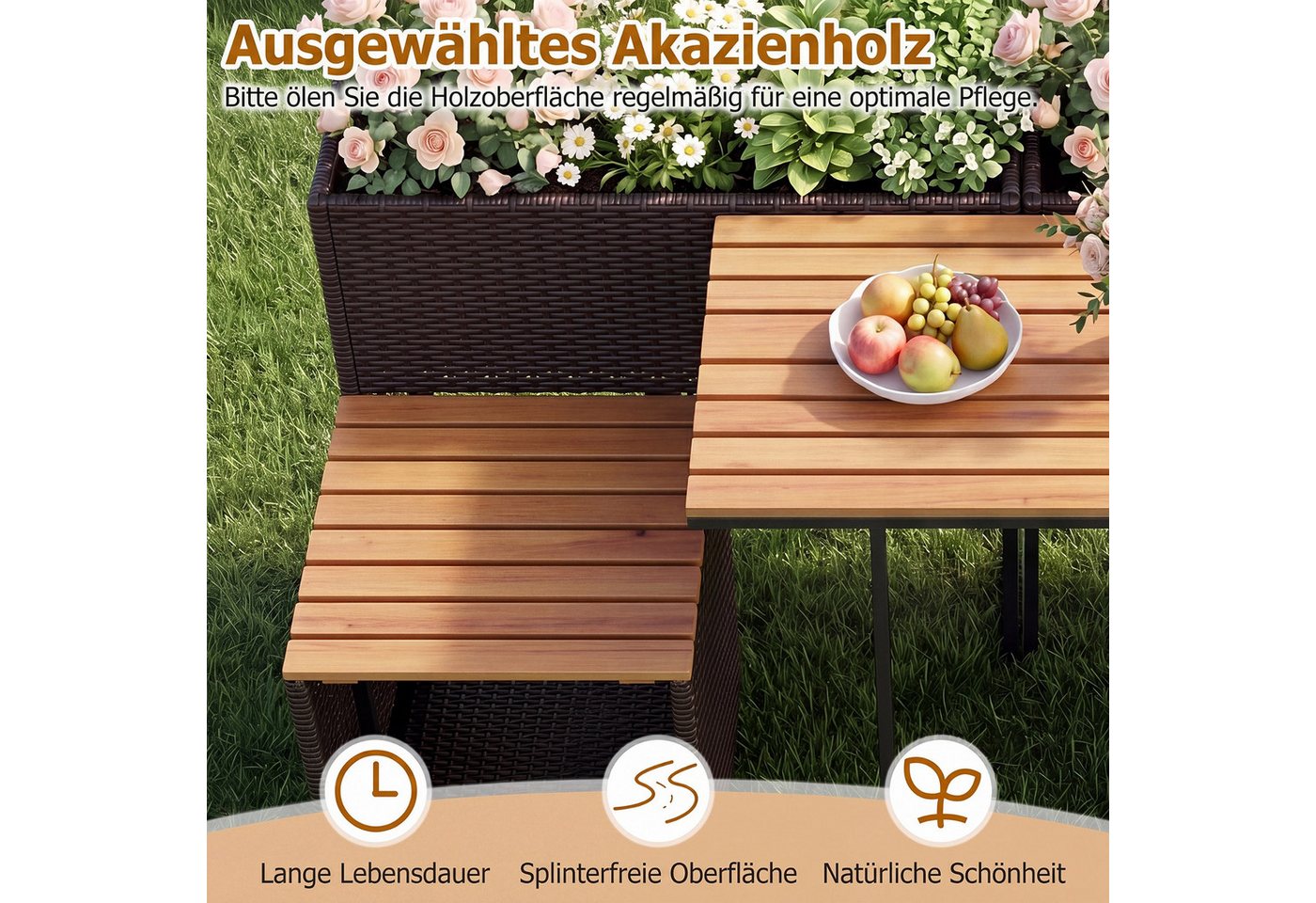 COSTWAY Balkonset, mit Hochbeet, integrierten Stühlen & Stauraum Rattan – Bild 4 von 5