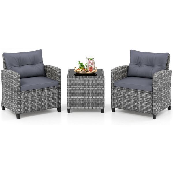 COSTWAY Balkonset, (3-tlg), Rattan Gartenmöbel Set, Balkonmöbel klein mit Kissen