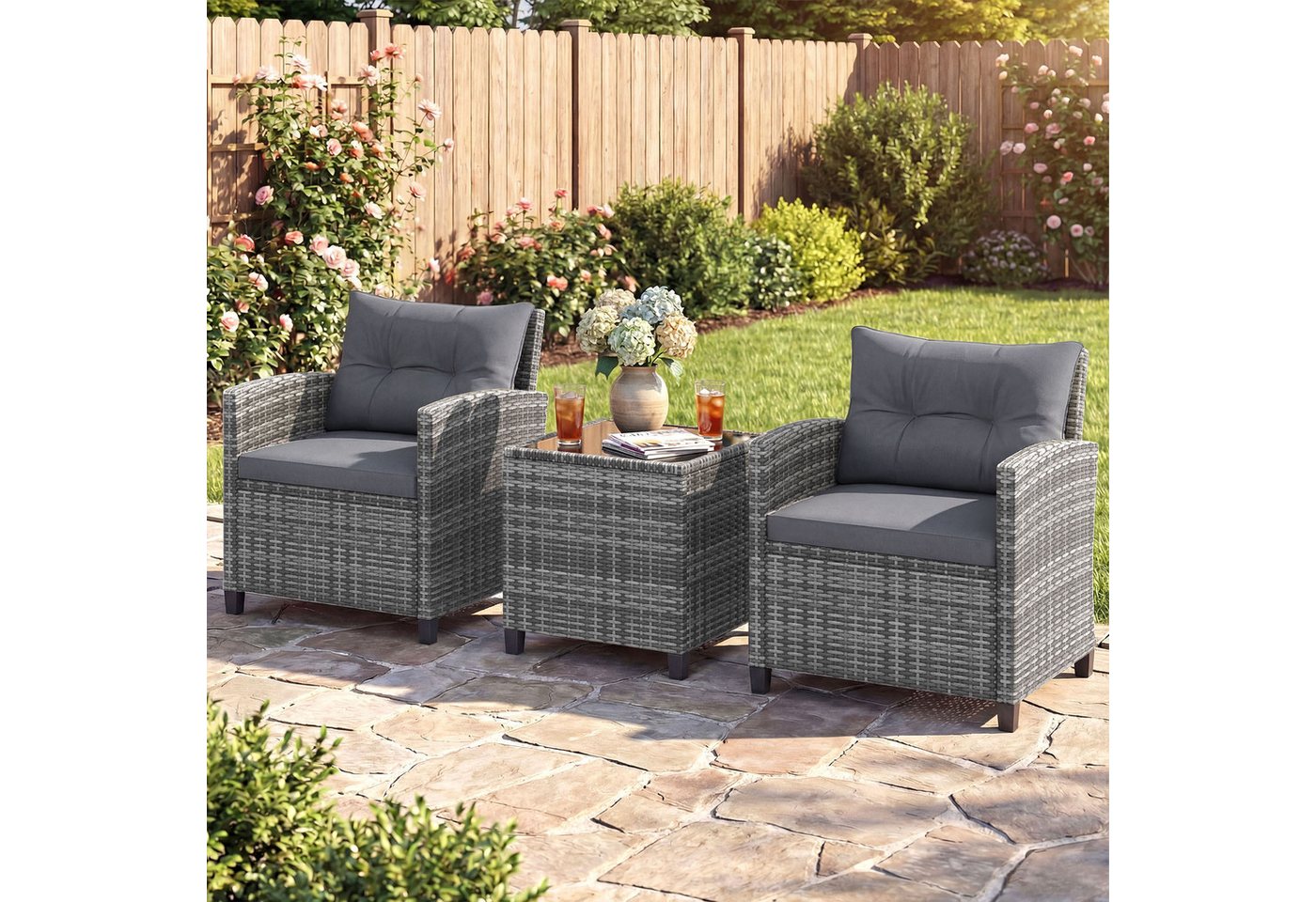 COSTWAY Balkonset, (3-tlg), Rattan Gartenmöbel Set, Balkonmöbel klein mit Kissen – Bild 2 von 5