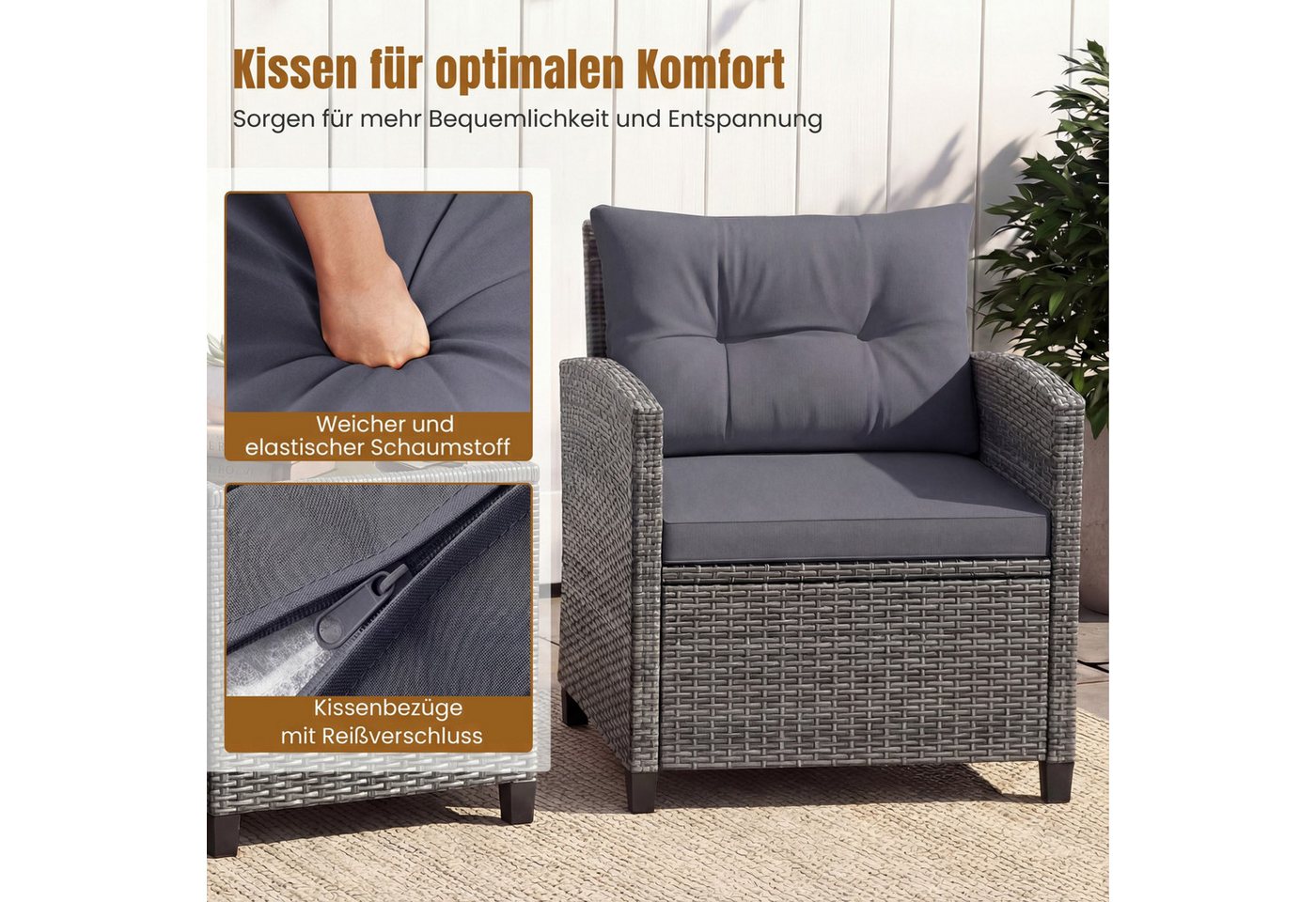 COSTWAY Balkonset, (3-tlg), Rattan Gartenmöbel Set, Balkonmöbel klein mit Kissen – Bild 3 von 5
