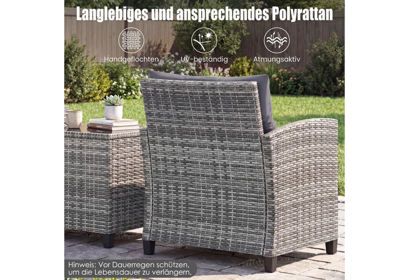 COSTWAY Balkonset, (3-tlg), Rattan Gartenmöbel Set, Balkonmöbel klein mit Kissen – Bild 4 von 5