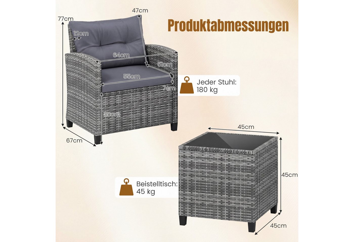 COSTWAY Balkonset, (3-tlg), Rattan Gartenmöbel Set, Balkonmöbel klein mit Kissen – Bild 5 von 5