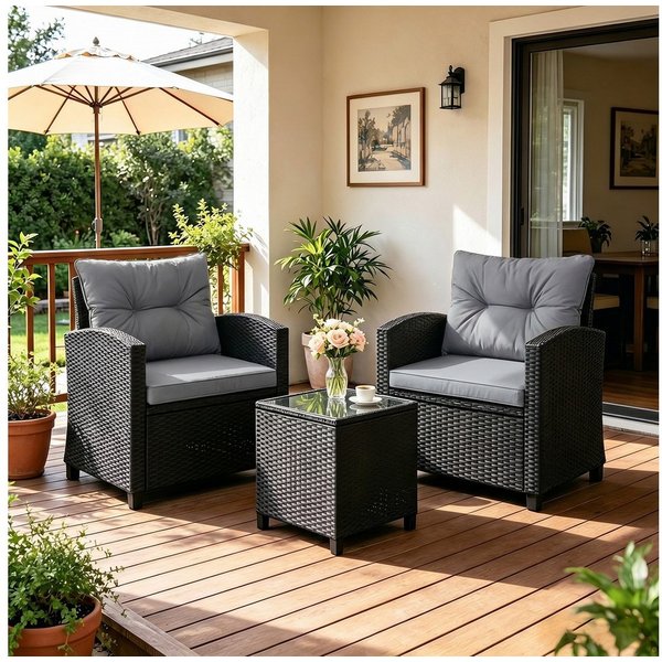 COSTWAY Balkonset, (3-tlg), Gartenmöbel Set Rattan mit Kissen, 2 Stühlen, Tisch