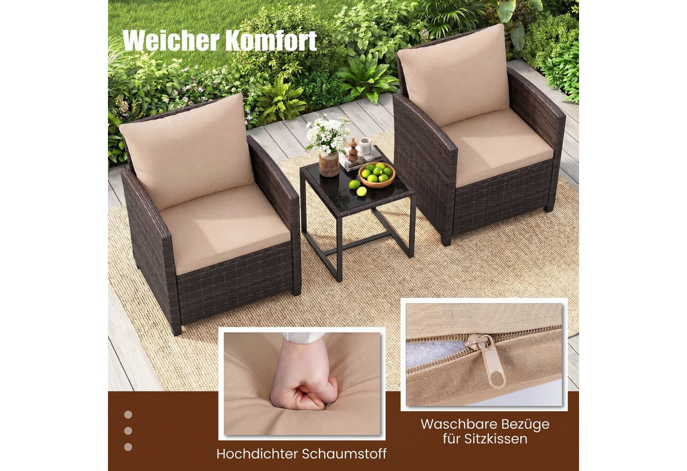 COSTWAY Balkonset, (3-tlg), Rattan Gartenmöbel mit 2 Stühle & Tisch, 2 Personen – Bild 4 von 5