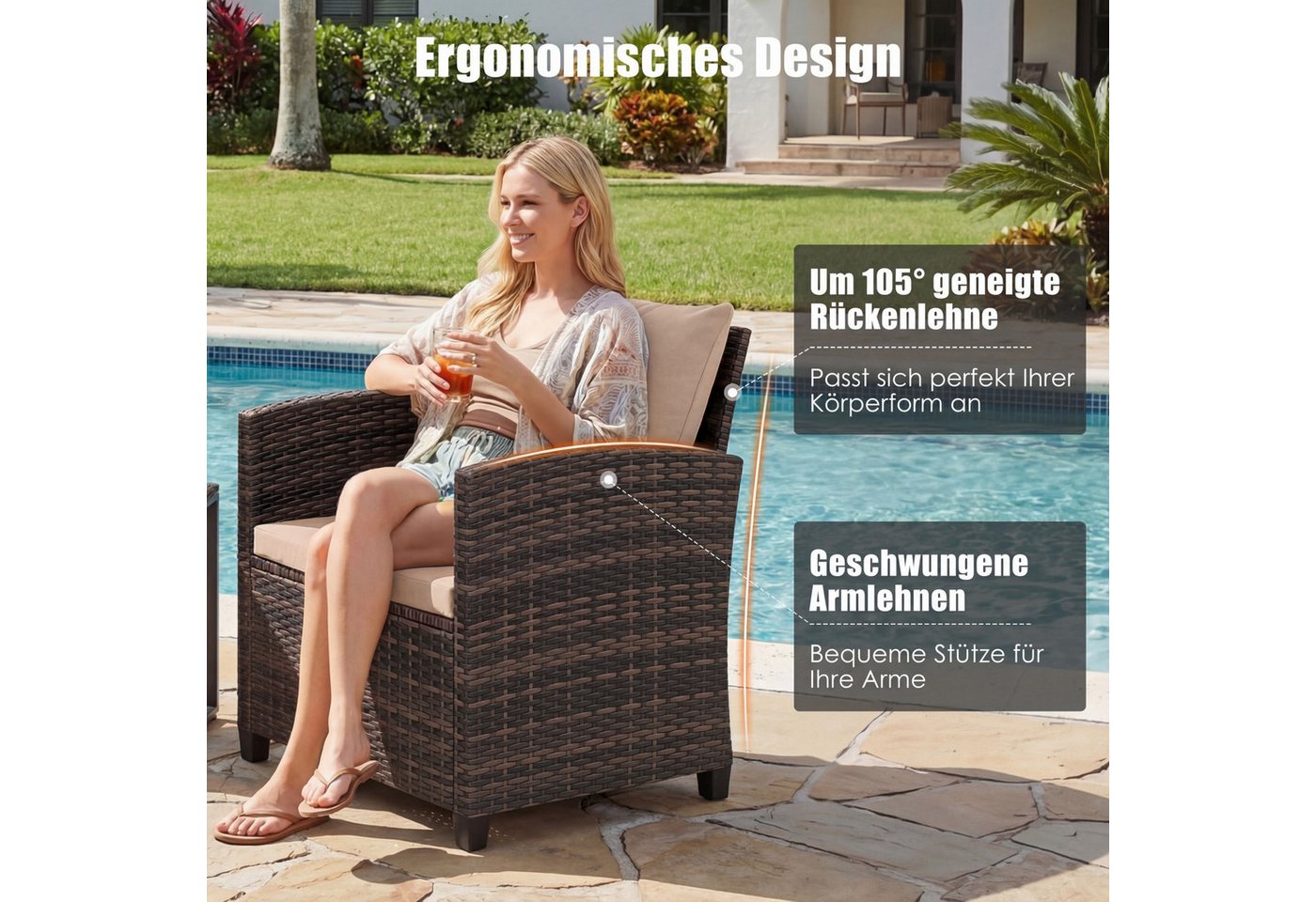 COSTWAY Balkonset, (3-tlg), Rattan Gartenmöbel mit 2 Stühle & Tisch, 2 Personen – Bild 5 von 5