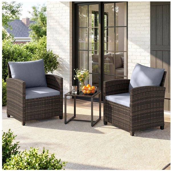 COSTWAY Balkonset, (3-tlg), Rattan Gartenmöbel mit 2 Stühle & Tisch, 2 Personen