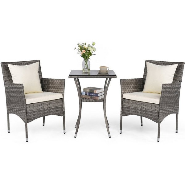 COSTWAY Balkonset, (3-tlg), 2 Personen, Rattan, 2 Sessel & Glastisch, mit Kissen