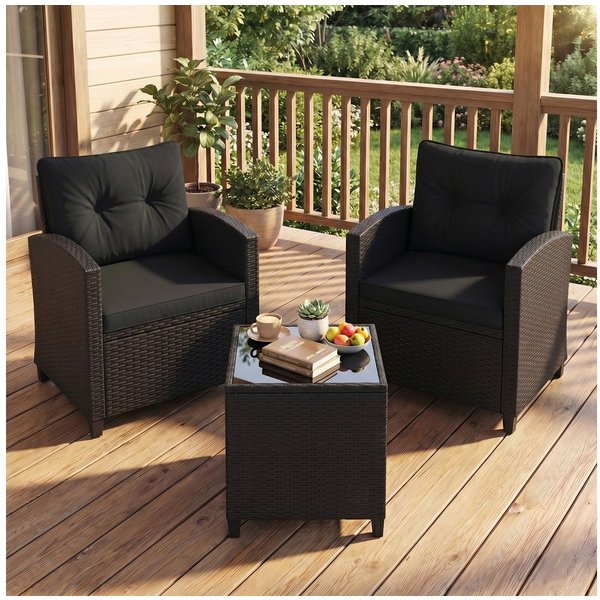 COSTWAY Balkonset, (3-tlg), Gartenmöbel Set Rattan mit Kissen, 2 Stühlen, Tisch