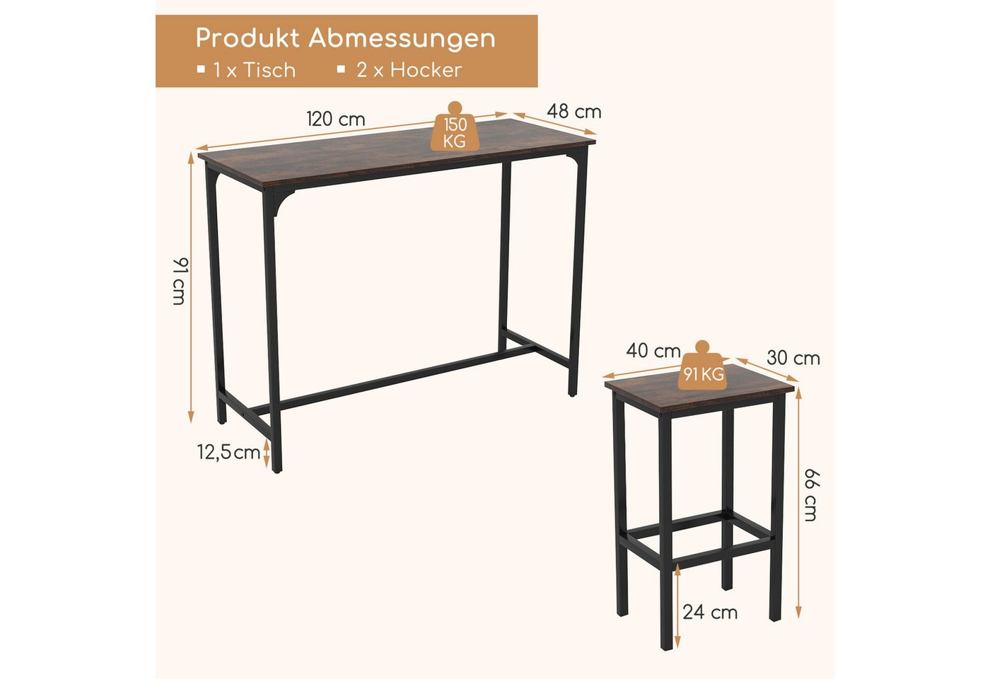 COSTWAY Bartisch, 3tlg. Küchentisch mit 2 Barhockern, Essgruppe mit Fußstütz – Bild 3 von 5