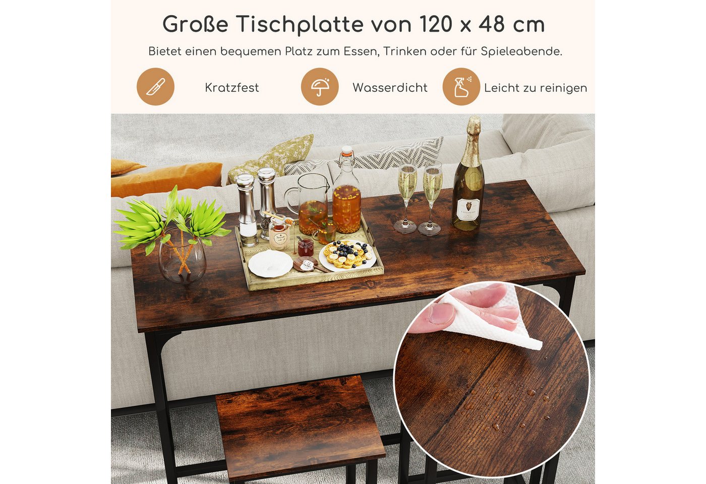 COSTWAY Bartisch, 3tlg. Küchentisch mit 2 Barhockern, Essgruppe mit Fußstütz – Bild 4 von 5