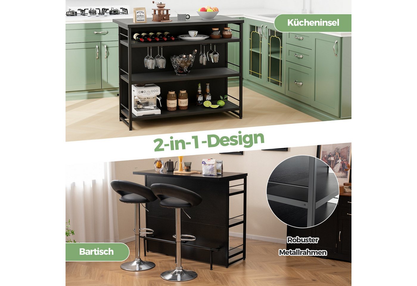 COSTWAY Bartisch Küche mit Stauraum, Küchenregal stehend mit Weinregal & Gläserhalter – Bild 3 von 5