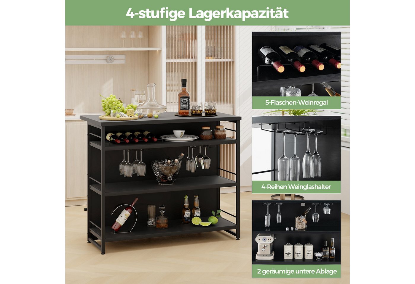 COSTWAY Bartisch Küche mit Stauraum, Küchenregal stehend mit Weinregal & Gläserhalter – Bild 4 von 5