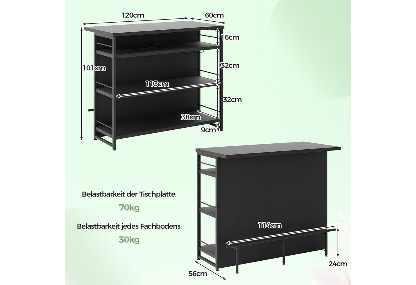 COSTWAY Bartisch Küche mit Stauraum, Küchenregal stehend mit Weinregal & Gläserhalter – Bild 5 von 5
