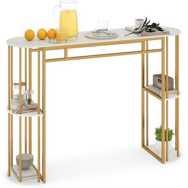 COSTWAY Bartisch, Küche mit 4 halbrunde Regale, 150cm Stehtisch Marmor Metall