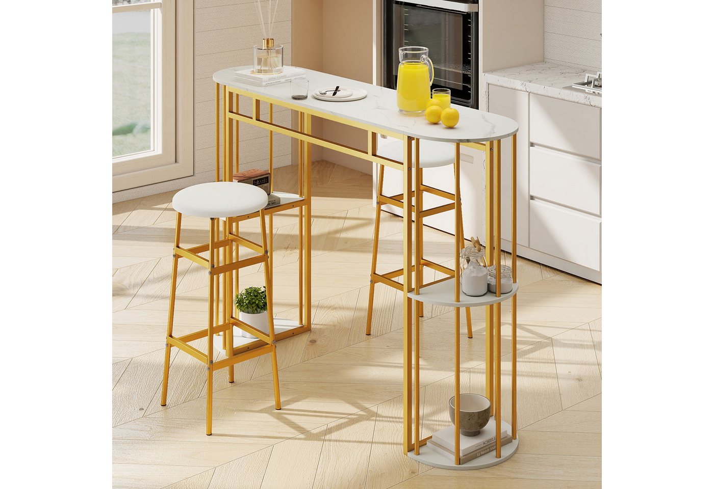 COSTWAY Bartisch, Küche mit 4 halbrunde Regale, 150cm Stehtisch Marmor Metall – Bild 2 von 5