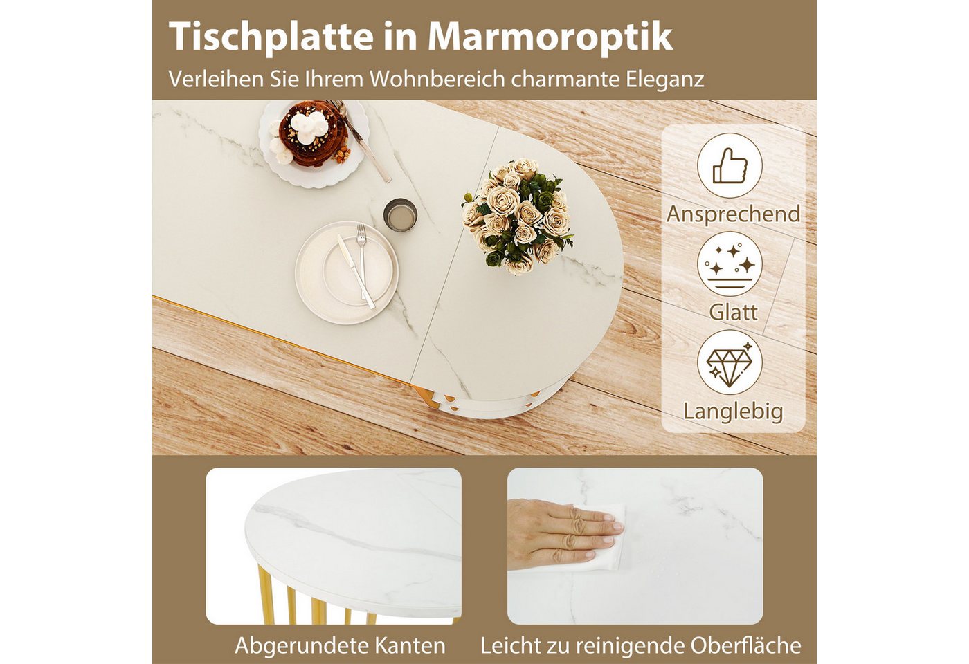 COSTWAY Bartisch, Küche mit 4 halbrunde Regale, 150cm Stehtisch Marmor Metall – Bild 3 von 5