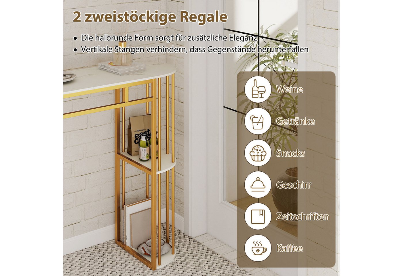 COSTWAY Bartisch, Küche mit 4 halbrunde Regale, 150cm Stehtisch Marmor Metall – Bild 4 von 5