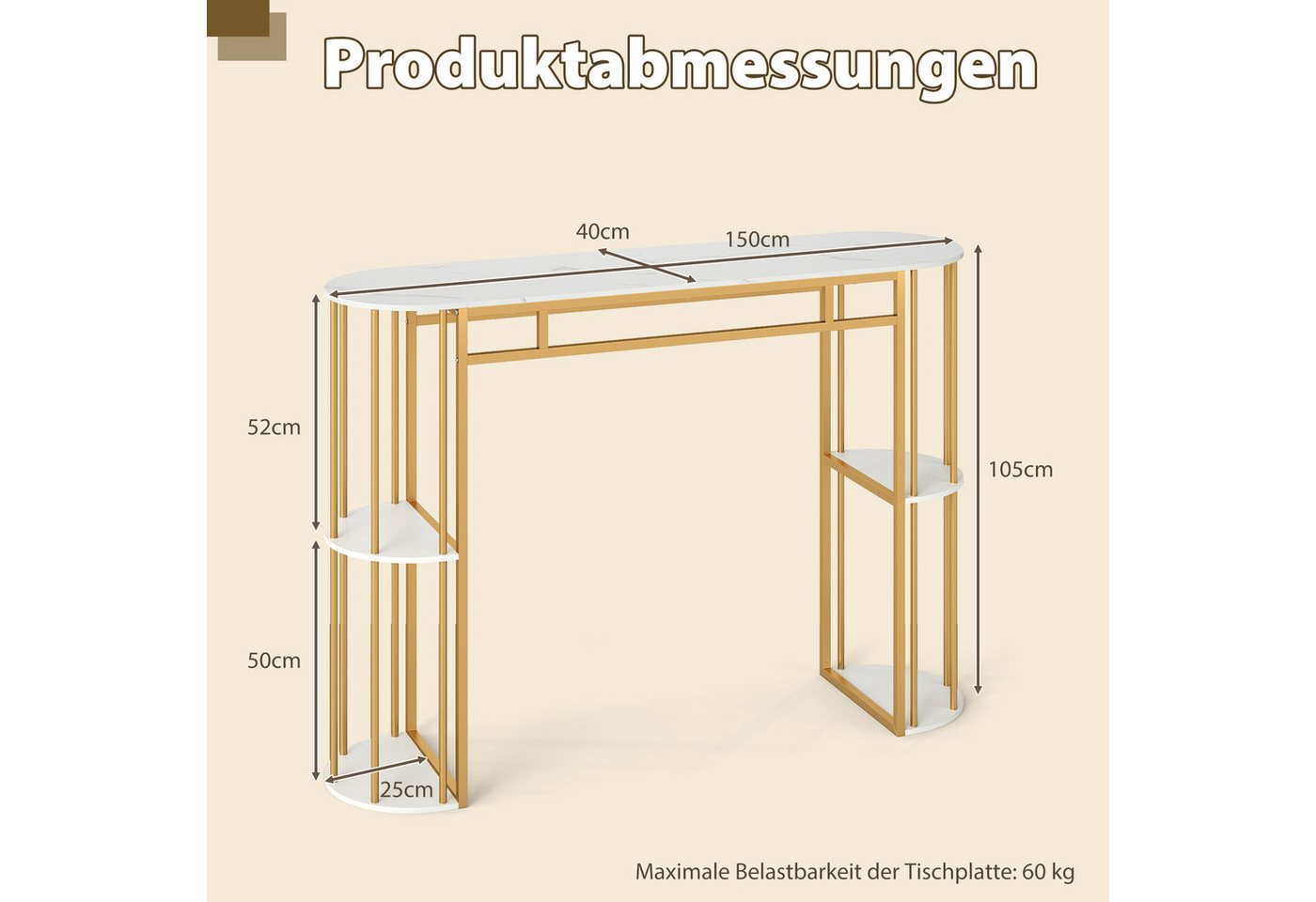 COSTWAY Bartisch, Küche mit 4 halbrunde Regale, 150cm Stehtisch Marmor Metall – Bild 5 von 5