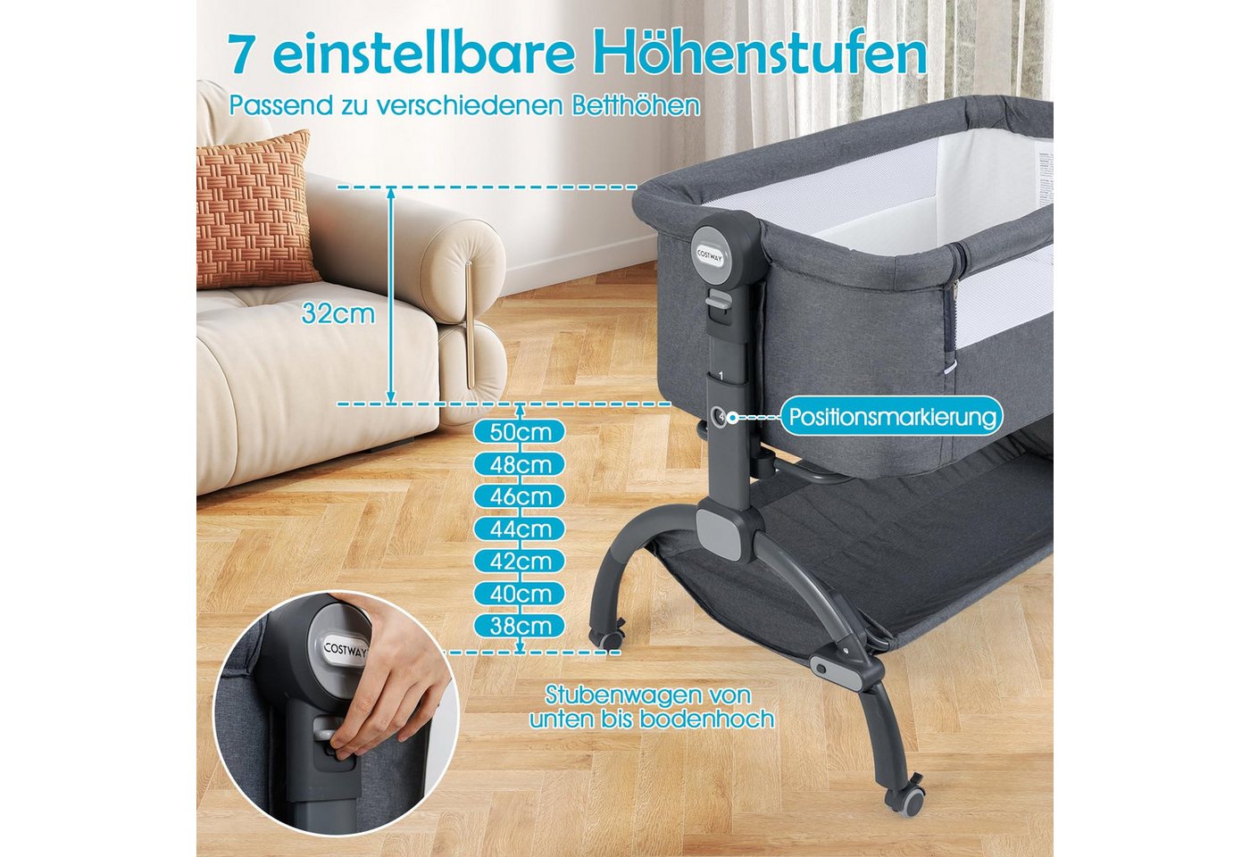 COSTWAY Beistellbett, Stubenwagen, 7 Fach höhenverstellbar, Babybett – Bild 2 von 5