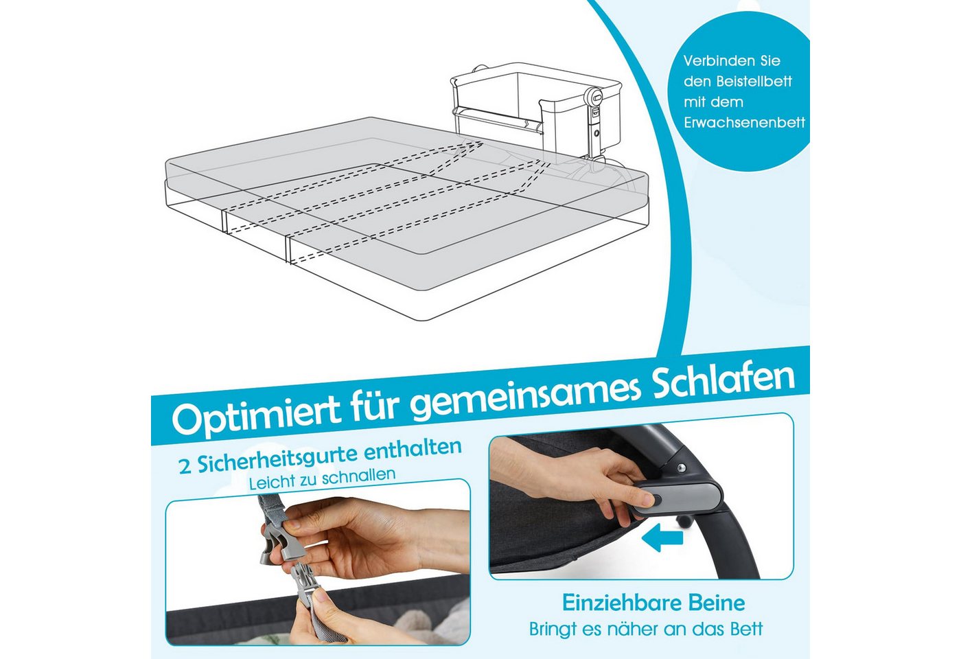 COSTWAY Beistellbett, Stubenwagen, 7 Fach höhenverstellbar, Babybett – Bild 3 von 5