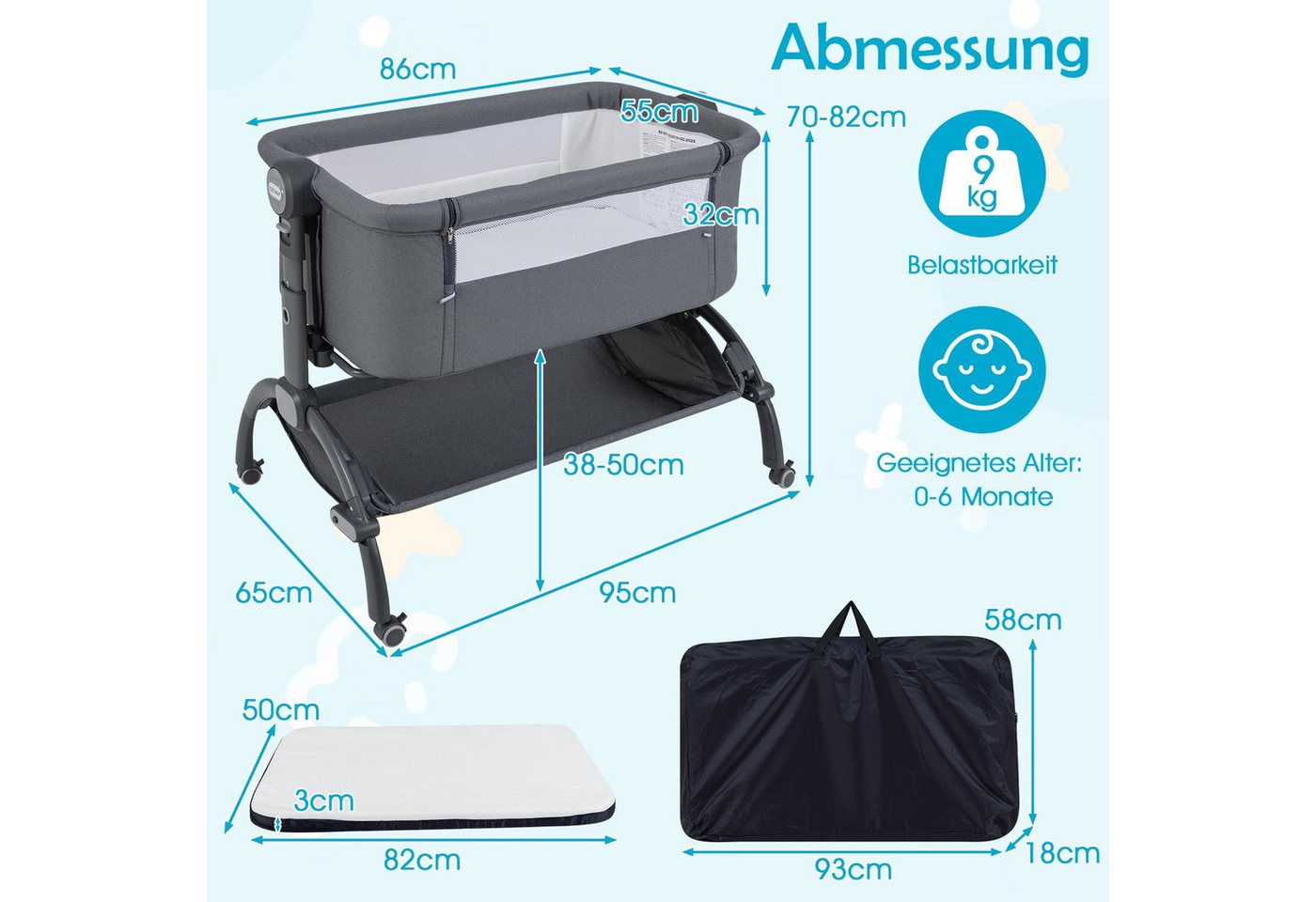COSTWAY Beistellbett, Stubenwagen, 7 Fach höhenverstellbar, Babybett – Bild 4 von 5