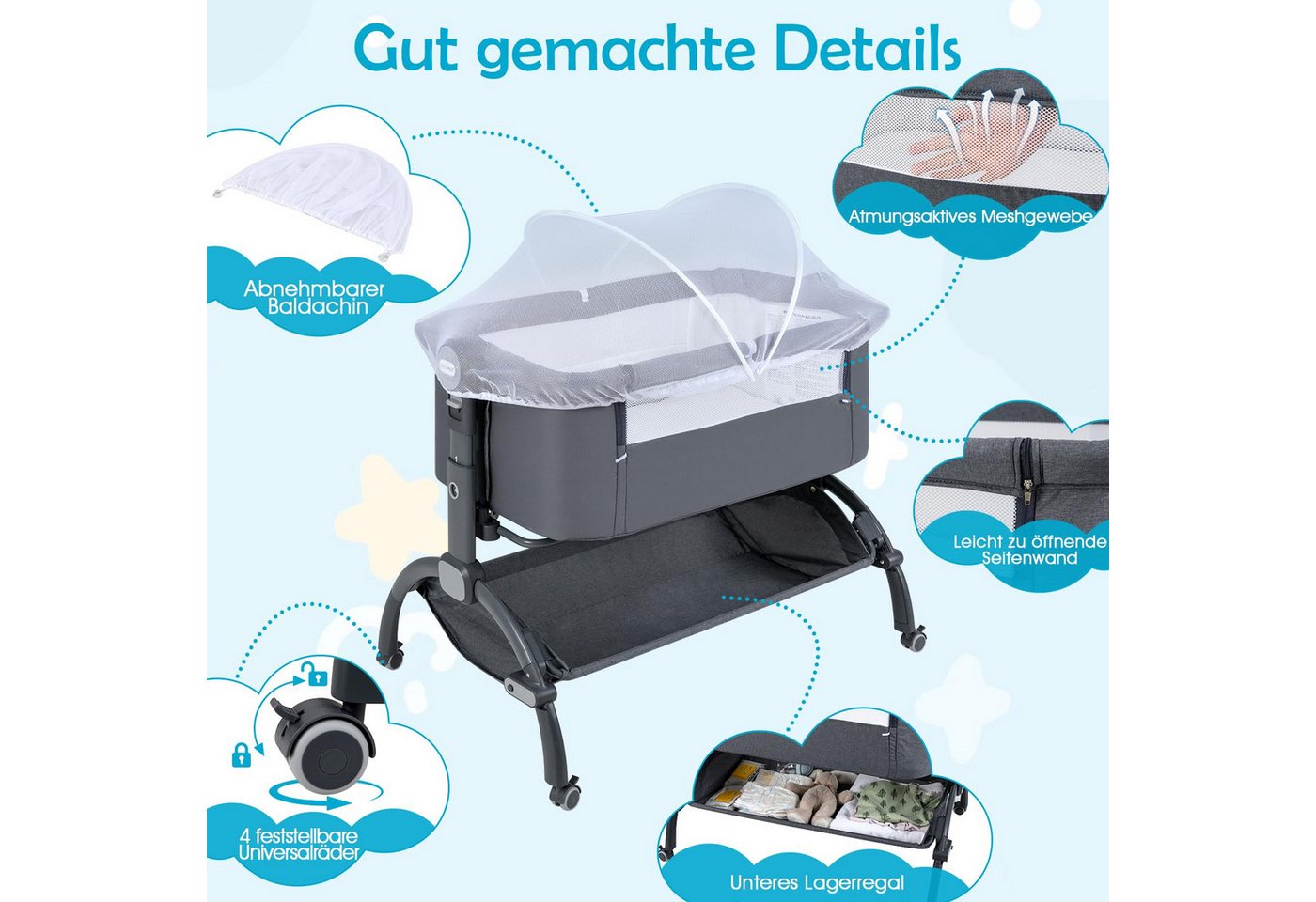 COSTWAY Beistellbett, Stubenwagen, 7 Fach höhenverstellbar, Babybett – Bild 5 von 5