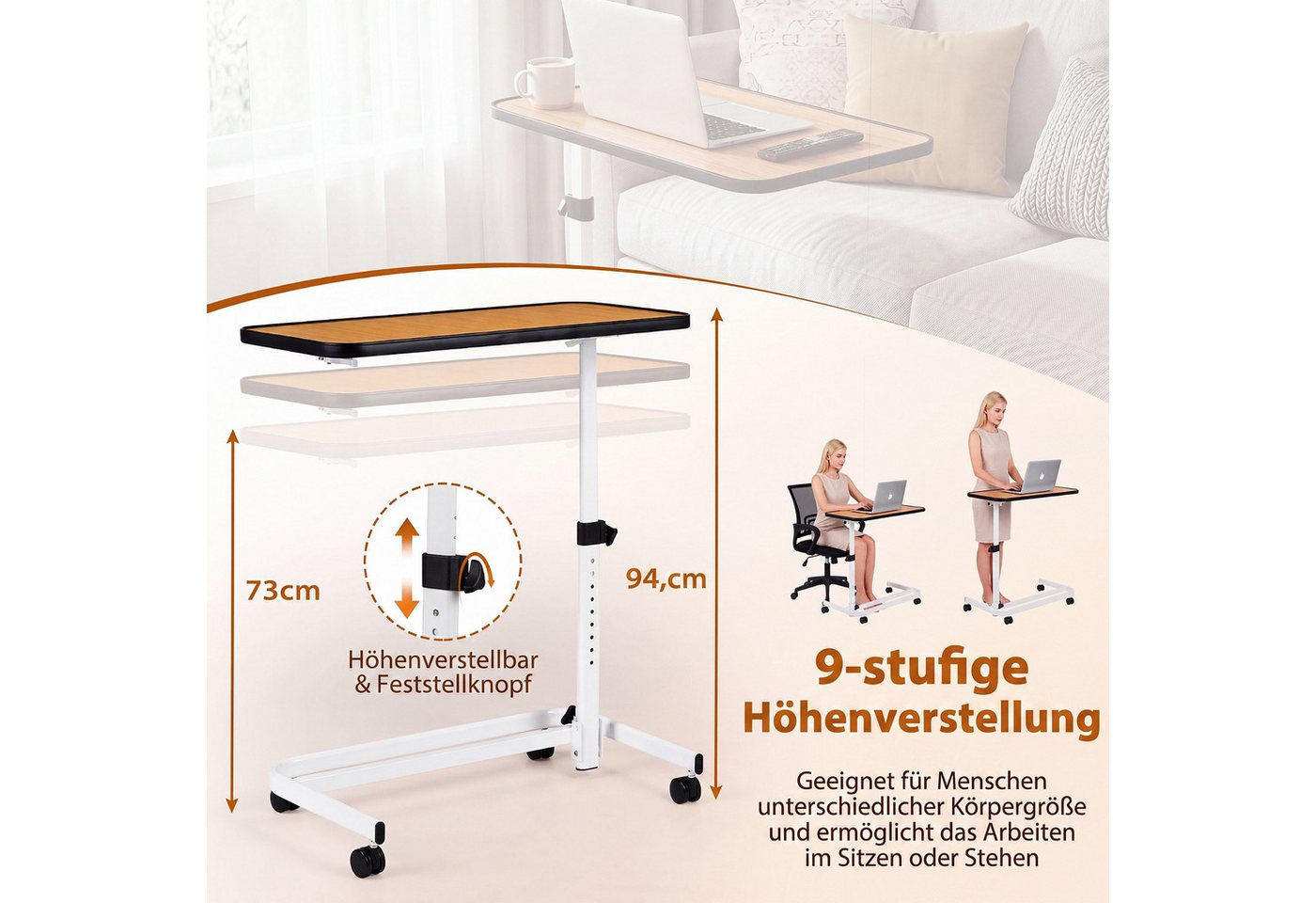 COSTWAY Beistelltisch (1-St), mobiler Betttisch auf Rollen, Sofatisch, 9 fach höhenverstellbar – Bild 4 von 5