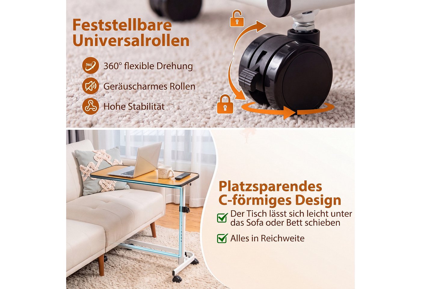 COSTWAY Beistelltisch (1-St), mobiler Betttisch auf Rollen, Sofatisch, 9 fach höhenverstellbar – Bild 5 von 5