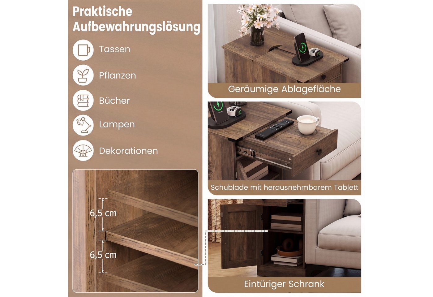 COSTWAY Beistelltisch, Nachttisch mit Ladestation, klappbarer Tischplatte – Bild 3 von 5