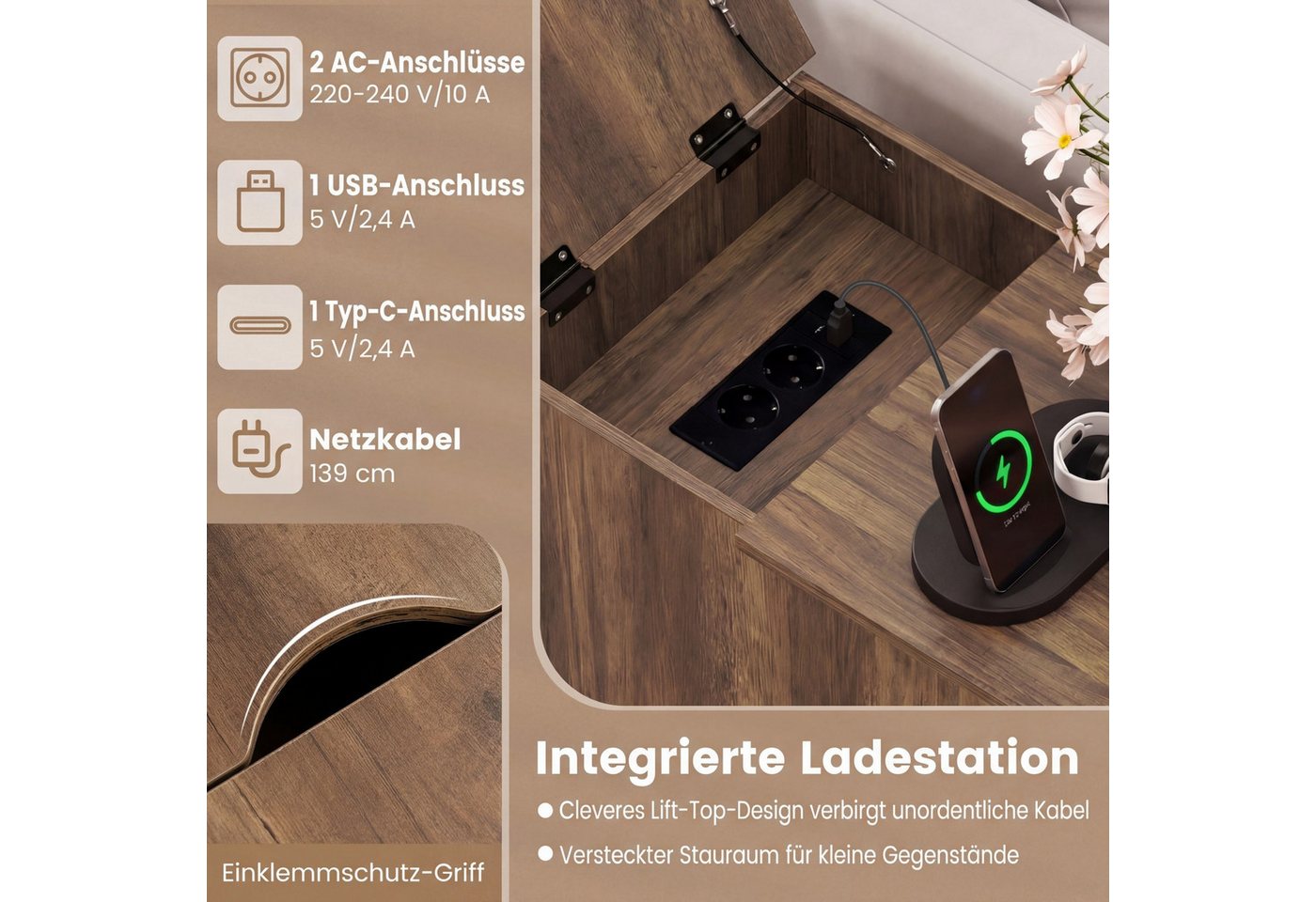 COSTWAY Beistelltisch, Nachttisch mit Ladestation, klappbarer Tischplatte – Bild 4 von 5