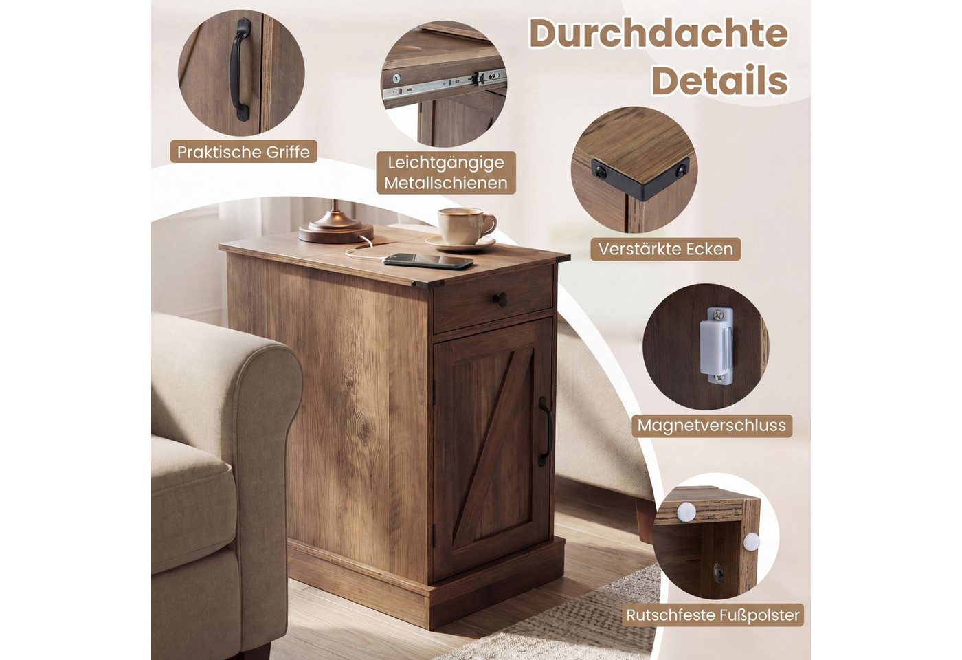 COSTWAY Beistelltisch, Nachttisch mit Ladestation, klappbarer Tischplatte – Bild 5 von 5