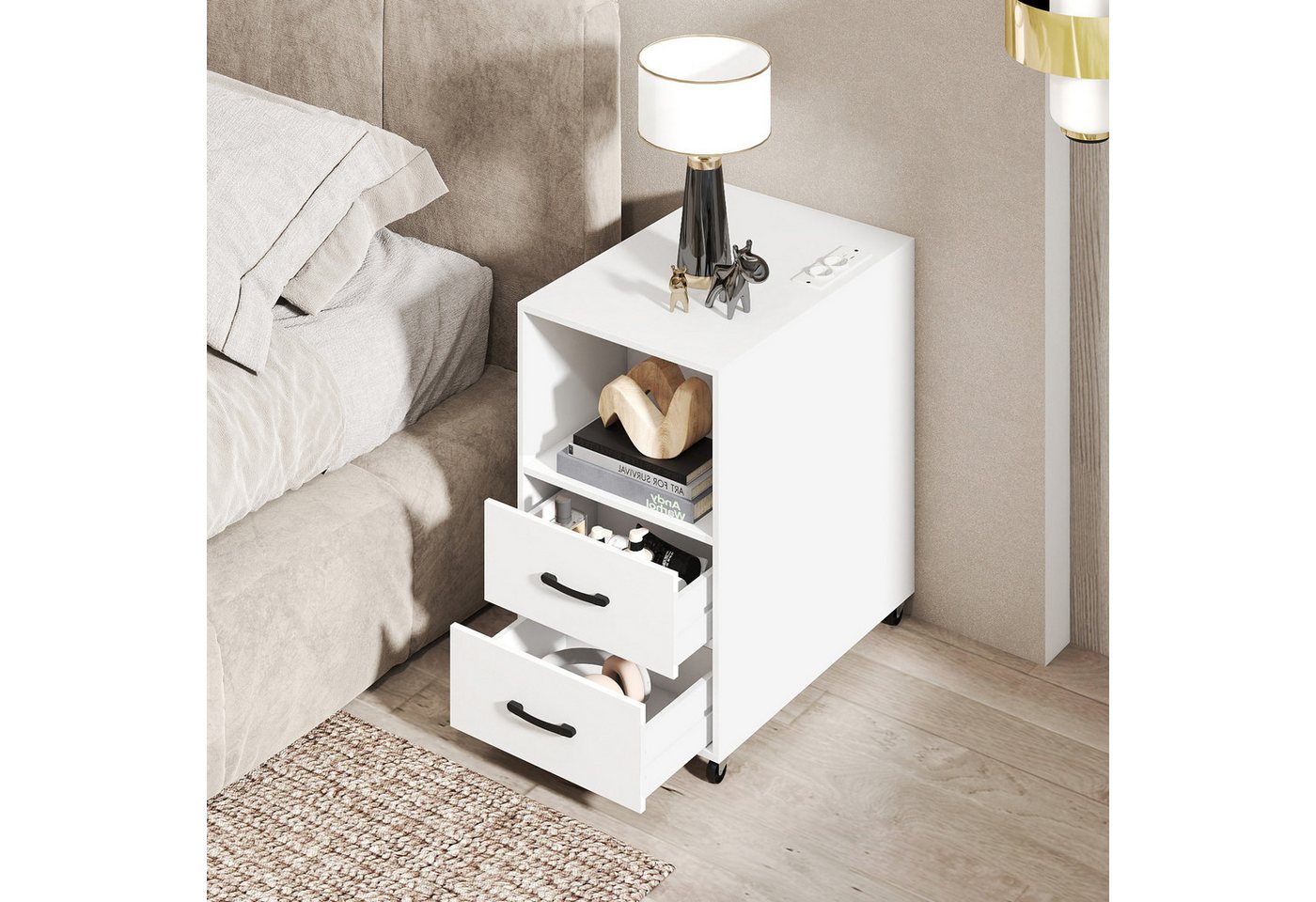 COSTWAY Beistelltisch, Nachttsich mit Ladestation & Rollen, 2 Schubladen – Bild 4 von 5