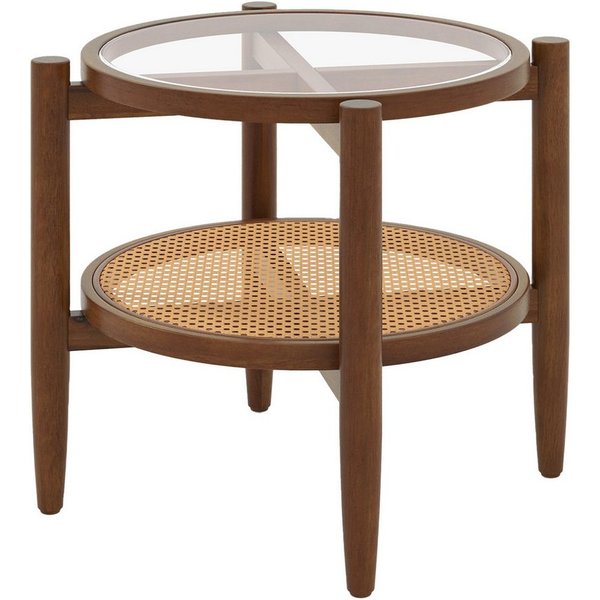 COSTWAY Beistelltisch, gehärtete Glasplatte, mit Rattan Ablage, rund 56x56cm