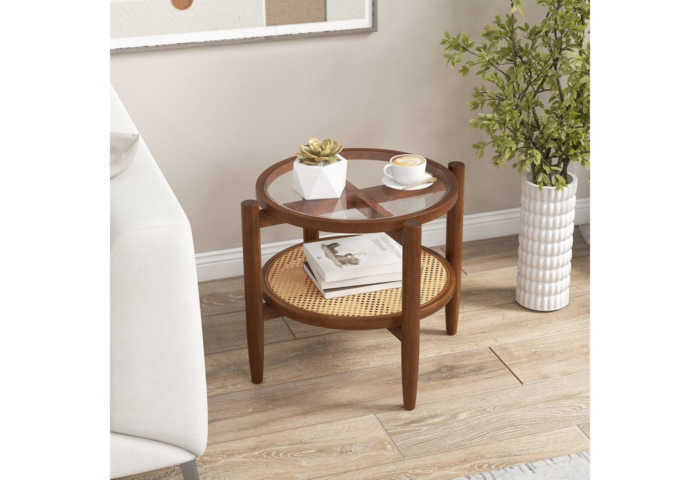 COSTWAY Beistelltisch, gehärtete Glasplatte, mit Rattan Ablage, rund 56x56cm – Bild 2 von 5