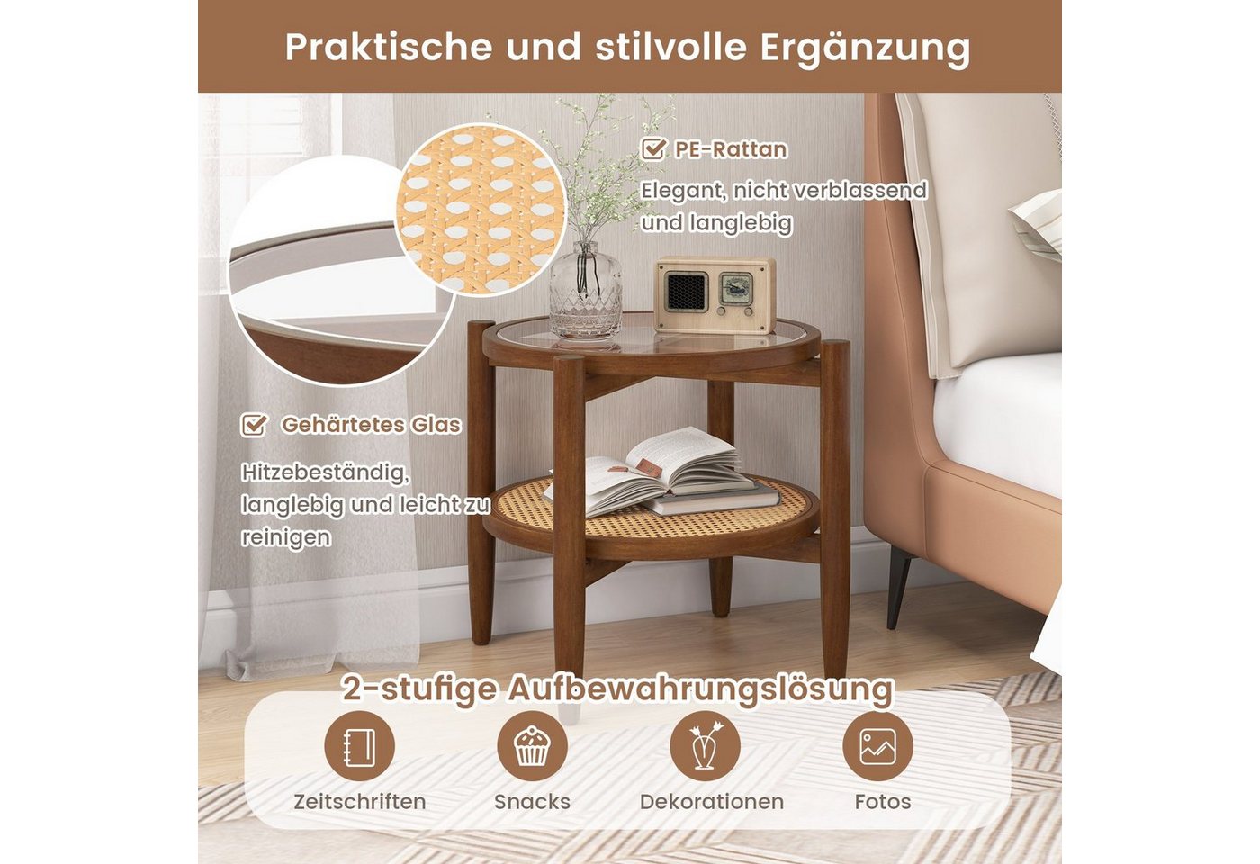 COSTWAY Beistelltisch, gehärtete Glasplatte, mit Rattan Ablage, rund 56x56cm – Bild 3 von 5