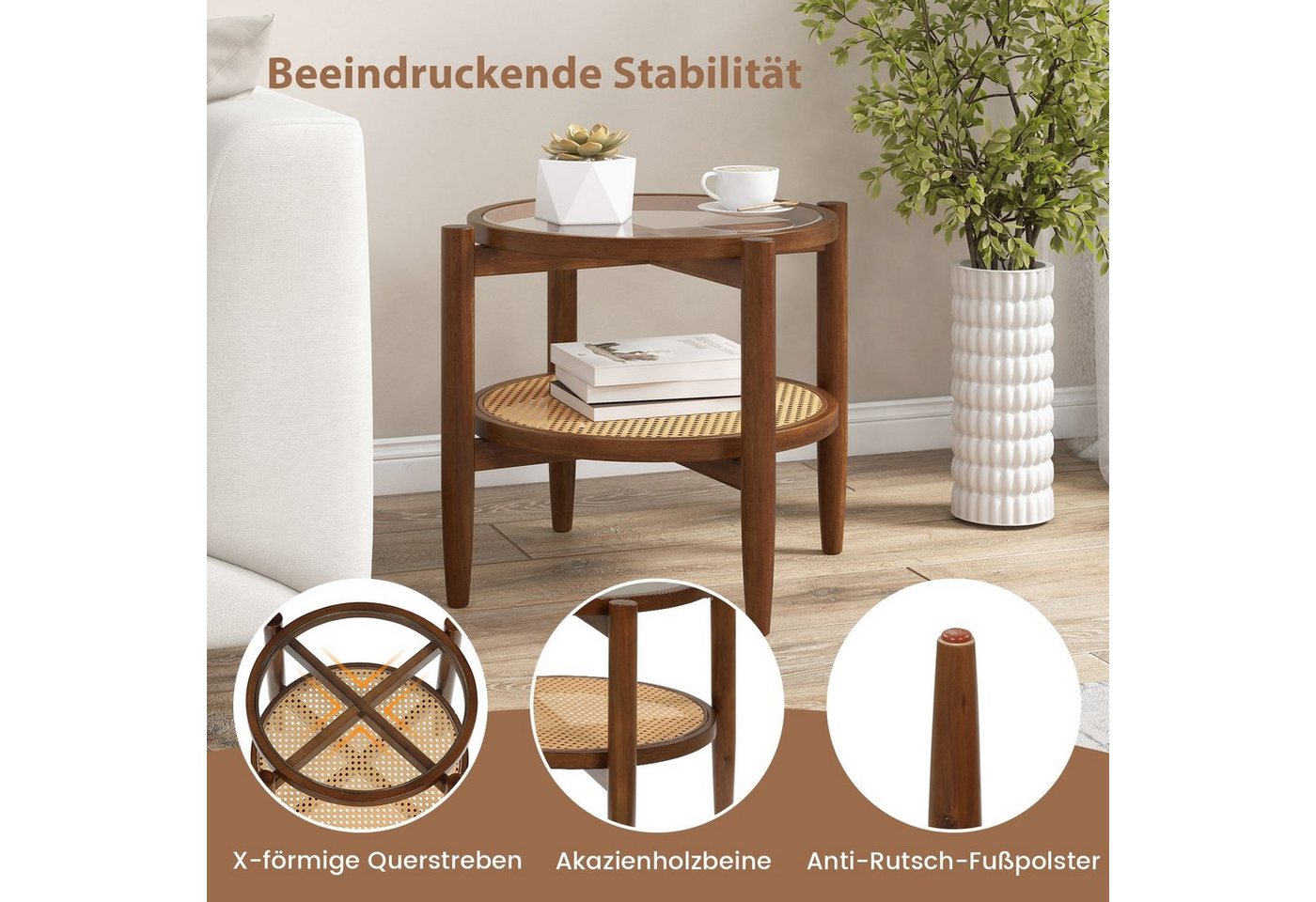 COSTWAY Beistelltisch, gehärtete Glasplatte, mit Rattan Ablage, rund 56x56cm – Bild 4 von 5